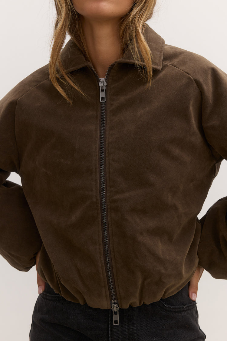 CECI FAUX SUEDE BOMBER - SADDLE
