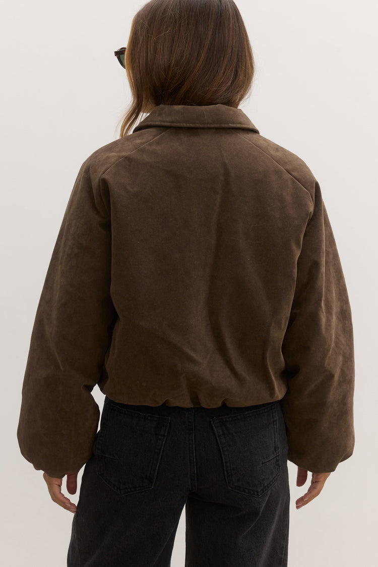 CECI FAUX SUEDE BOMBER - SADDLE