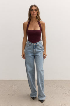 Karlita Halter Bodysuit in Plum, view 3, Bayse Brand