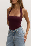 Karlita Halter Bodysuit in Plum, view 1, Bayse Brand