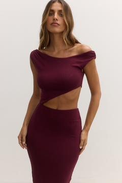 Elara One Shoulder Midi Dress in Plum, view 2, Bayse Brand