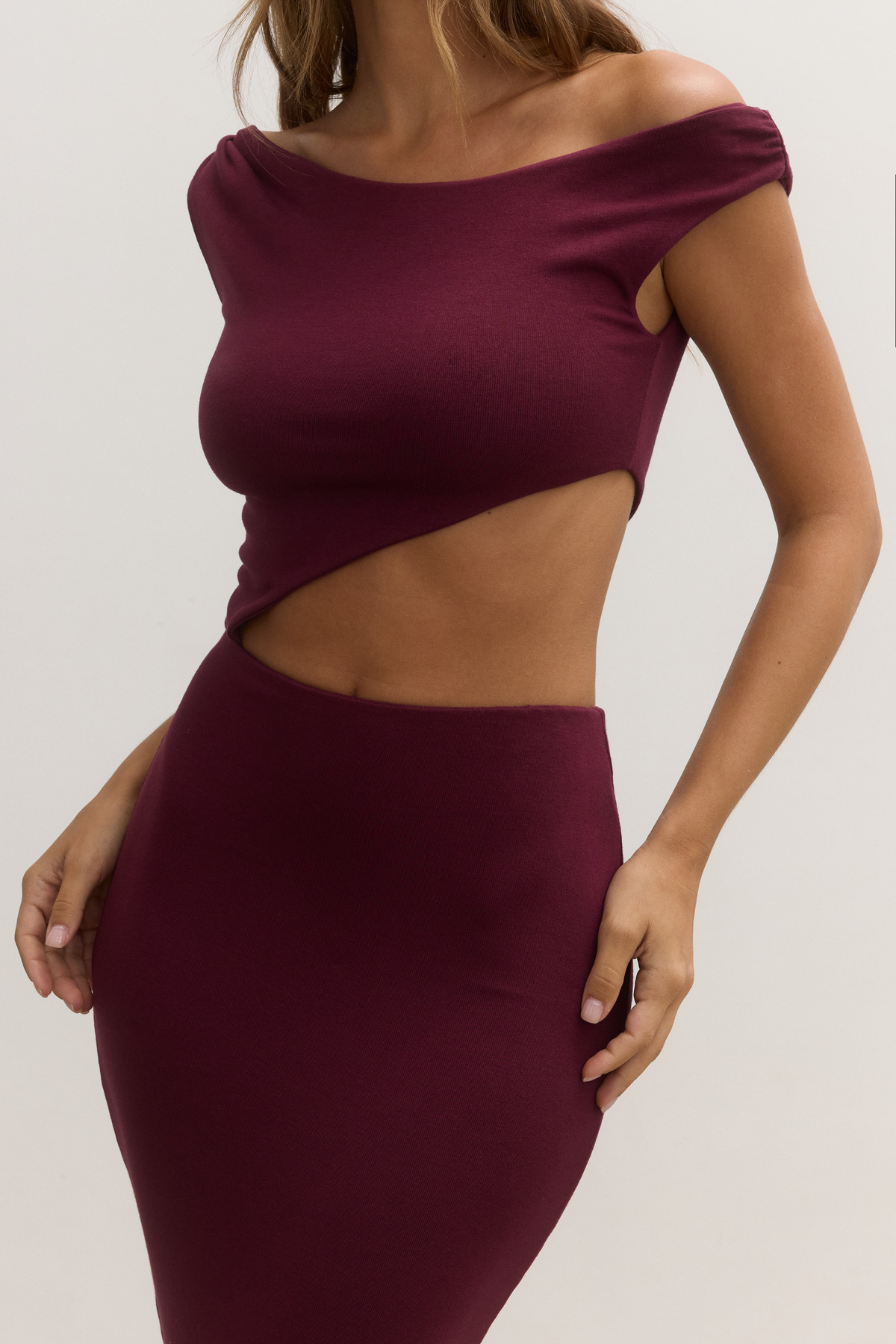 Elara One Shoulder Midi Dress in Plum, view 3, Bayse Brand