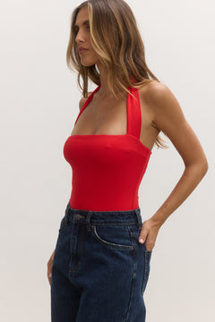 Karlita Halter Bodysuit in Red, view 2, Bayse Brand