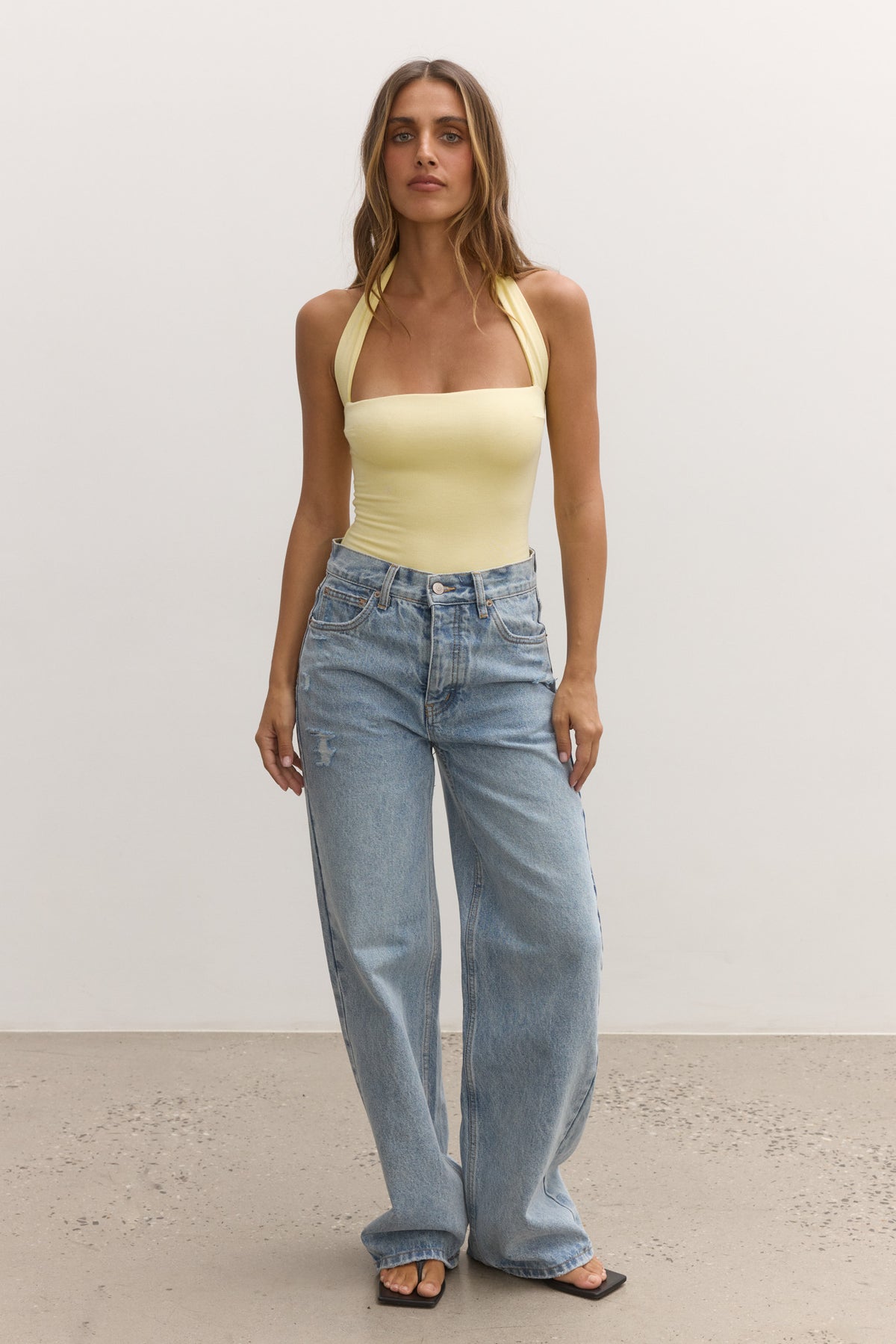 Karlita Halter Bodysuit in Lemon, view 2, Bayse Brand