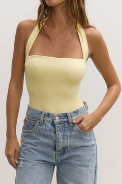 Karlita Halter Bodysuit in Lemon, view 3, Bayse Brand