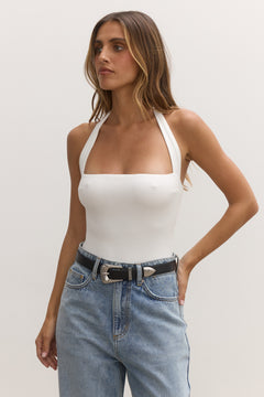 Karlita Halter Bodysuit in White, view 2, Bayse Brand