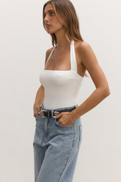 Karlita Halter Bodysuit in White, view 3, Bayse Brand