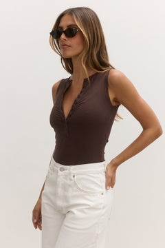 Aurora Sleeveless Henley Bodysuit in Chocolate, view 3, Bayse Brand