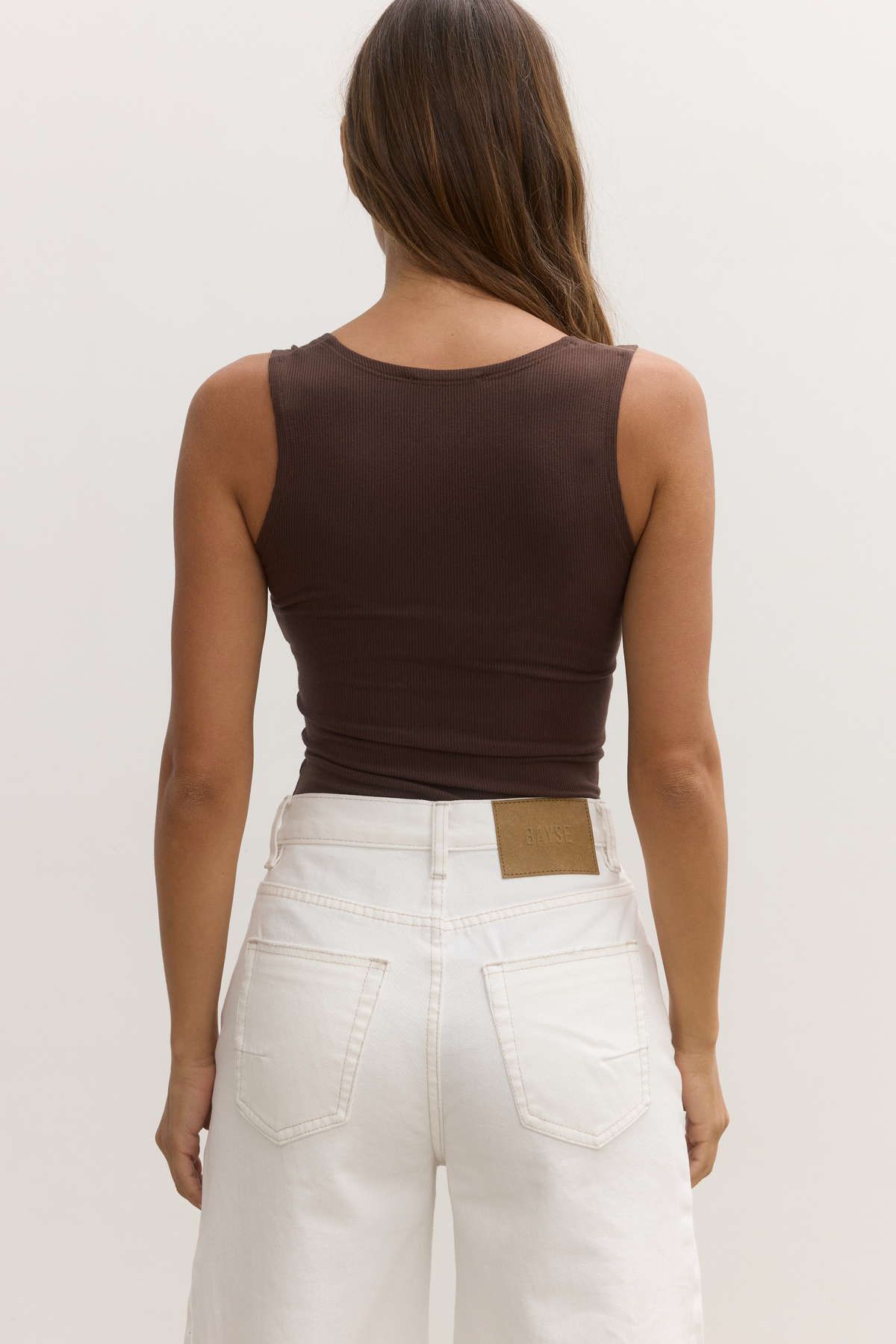 Aurora Sleeveless Henley Bodysuit in Chocolate, view 4, Bayse Brand
