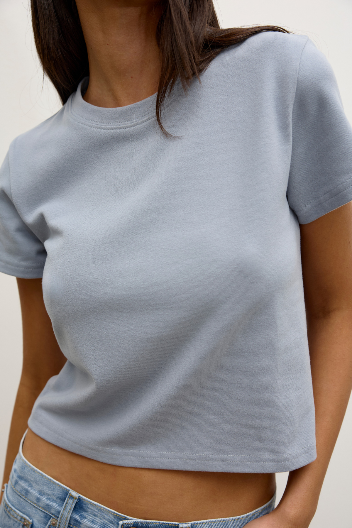 Riley Cropped Crew Neck T-Shirt in Stormi, view 3, Bayse Brand