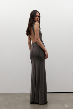 Mae High Neck Open Back Maxi Dress in Smoke, view 3, Bayse Brand