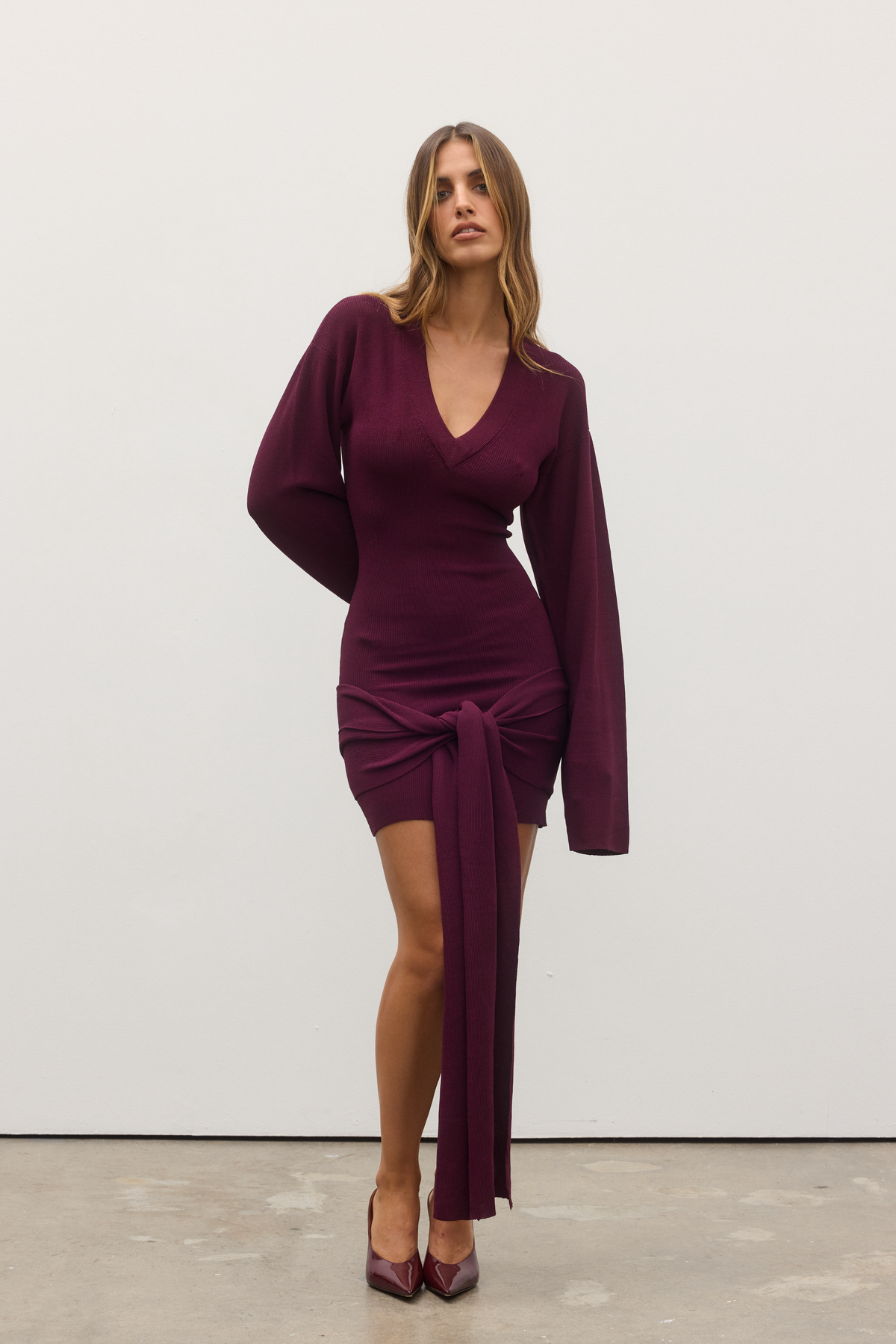 Chantelle Ribbed Knit Mini Dress in Plum, view 2, Bayse Brand