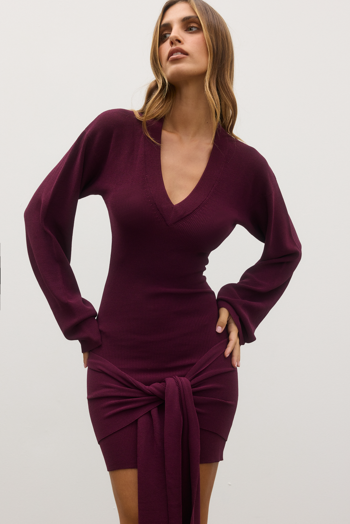 Chantelle Ribbed Knit Mini Dress in Plum, view 4, Bayse Brand