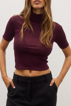 Shay Mesh Short Sleeve Top in Plum, view 2, Bayse Brand