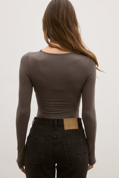 Edie Twist Front Long Sleeve Bodysuit in Smoke, view 3, Bayse Brand