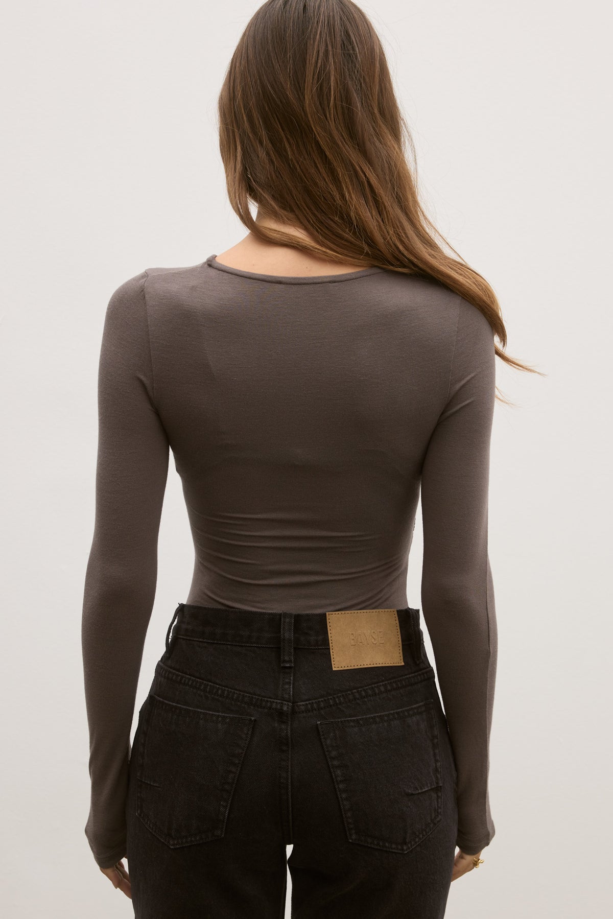 Edie Twist Front Long Sleeve Bodysuit in Smoke, view 3, Bayse Brand