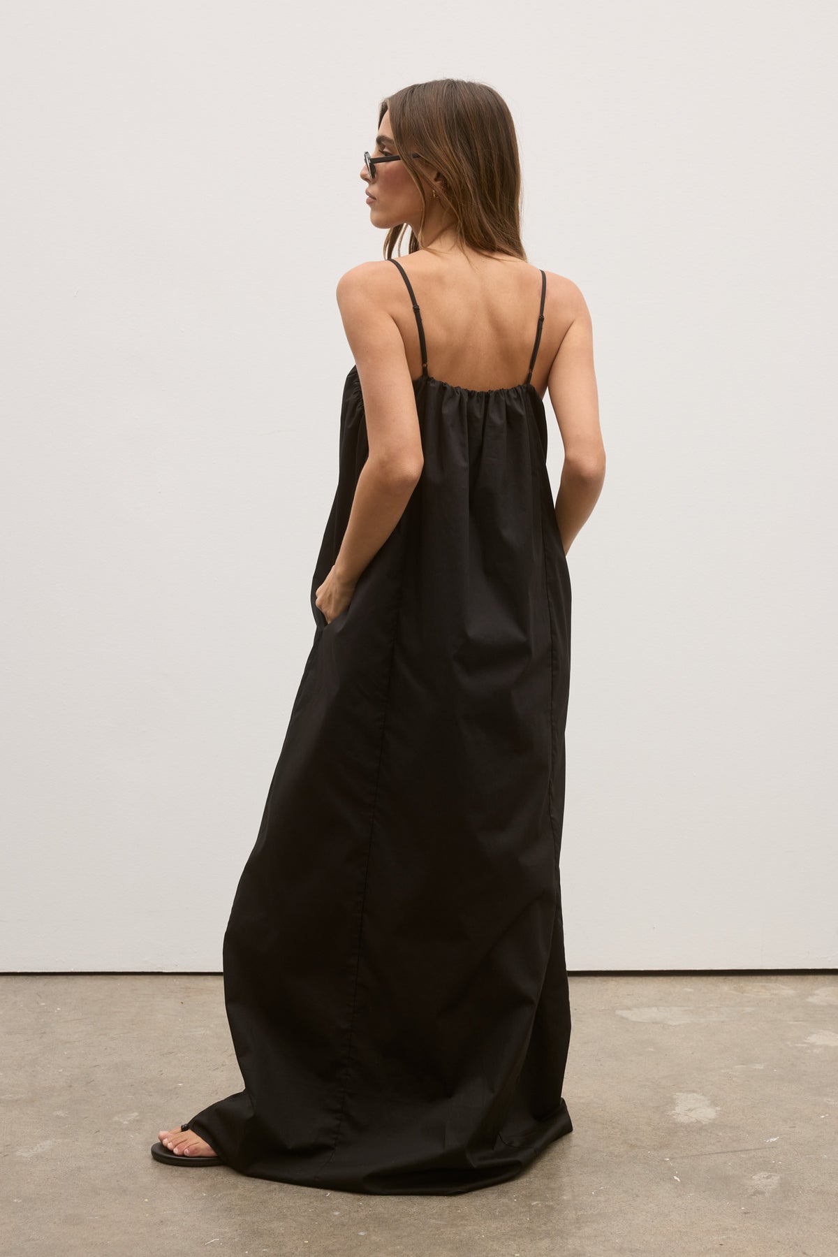 Carrie Gathered Neck Maxi Dress in Black, view 3, Bayse Brand