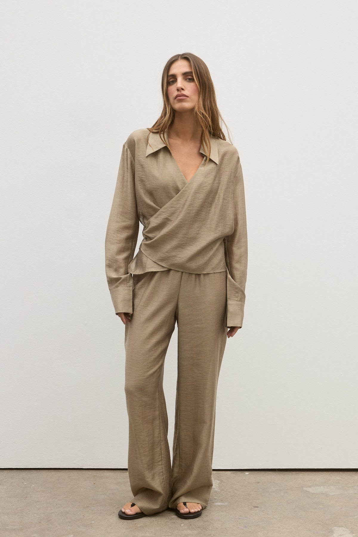 Noir Collared Wrap Shirt in Bark, view 4, Bayse Brand