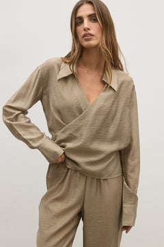 Noir Collared Wrap Shirt in Bark, view 1, Bayse Brand