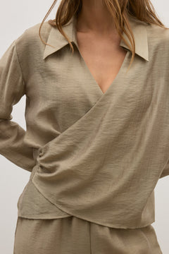 Noir Collared Wrap Shirt in Bark, view 3, Bayse Brand