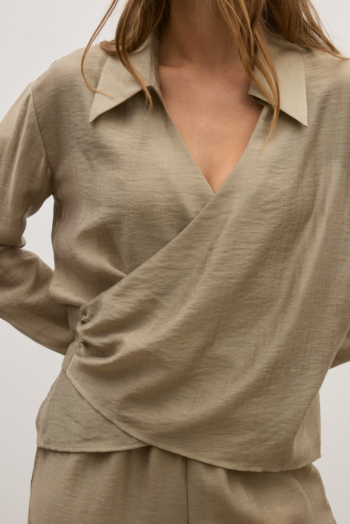 Noir Collared Wrap Shirt in Bark, view 3, Bayse Brand