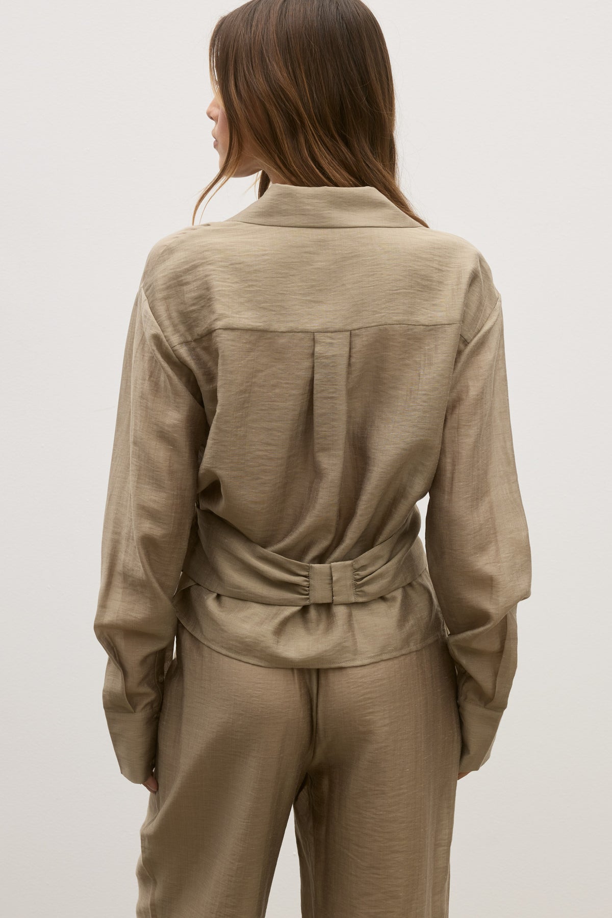 Noir Collared Wrap Shirt in Bark, view 2, Bayse Brand