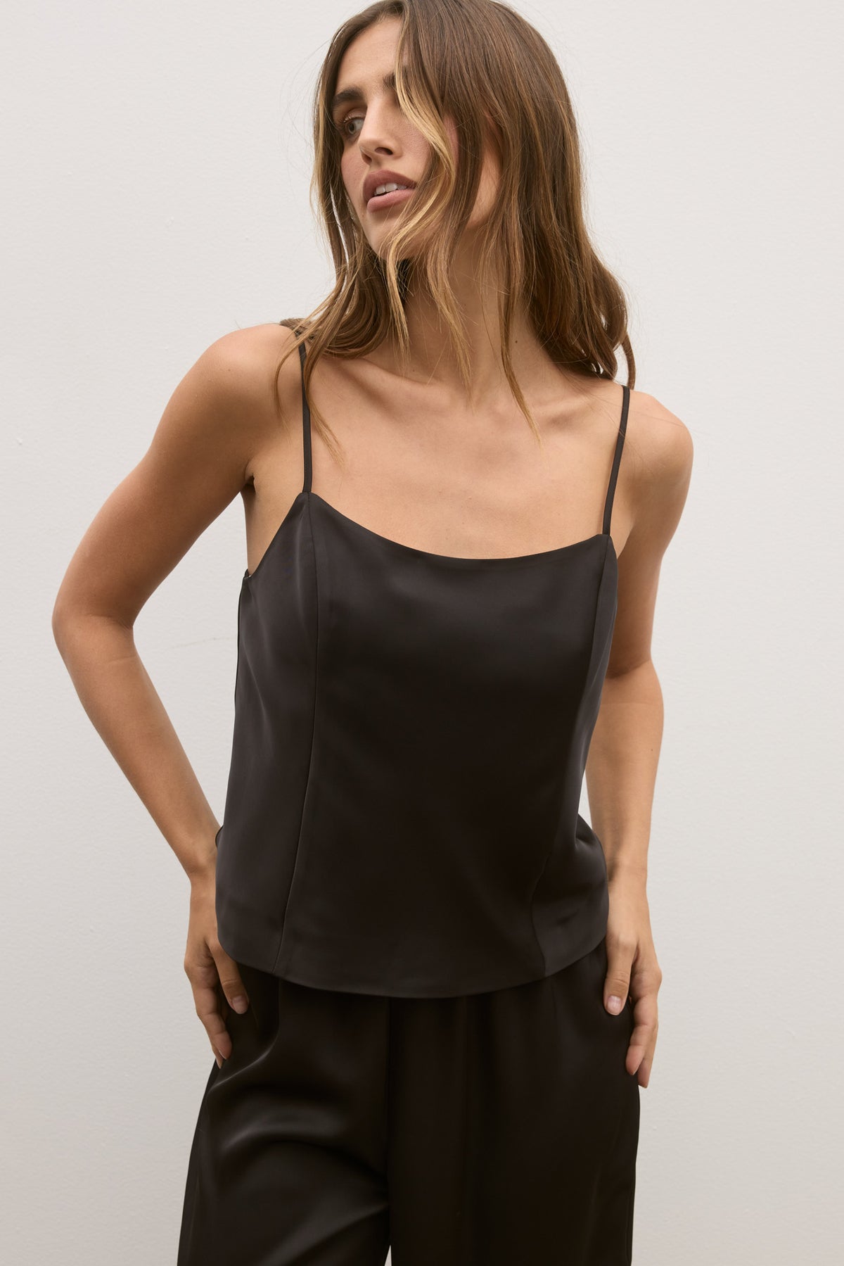 Celeste Draped Scoop Neck Top in Black, view 1, Bayse Brand