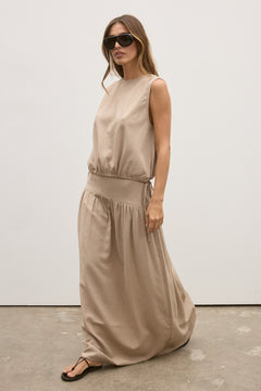 Delphine Gathered High Waist Skirt in Nude, view 4, Bayse Brand