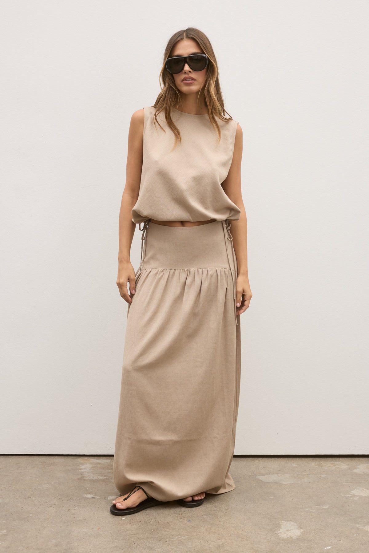Delphine Drawstring Waist Top in Nude, view 3, Bayse Brand