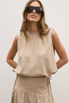 Delphine Drawstring Waist Top in Nude, view 1, Bayse Brand