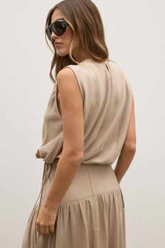 Delphine Drawstring Waist Top in Nude, view 4, Bayse Brand