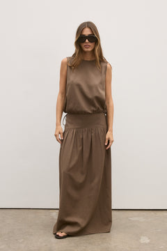 Delphine Drawstring Waist Top in Chocolate, view 2, Bayse Brand