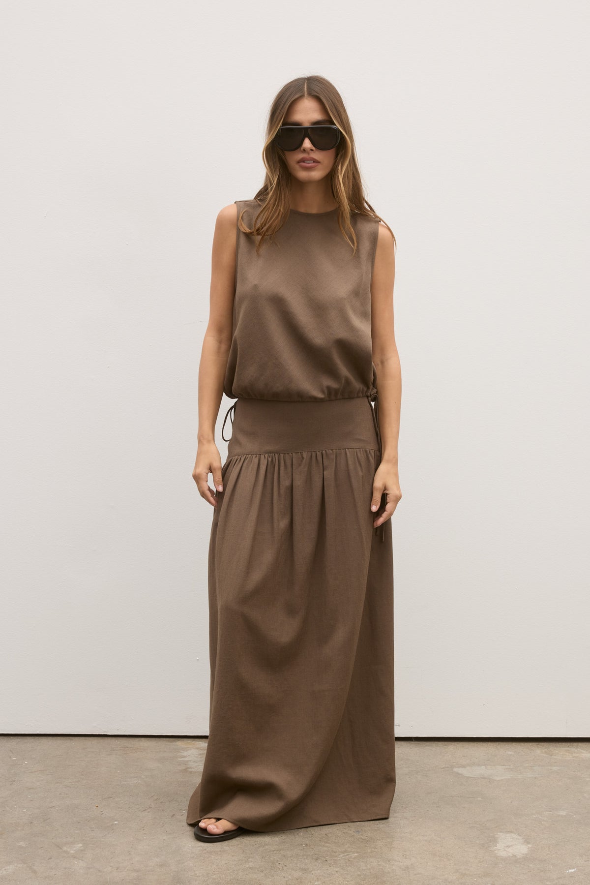 Delphine Drawstring Waist Top in Chocolate, view 2, Bayse Brand