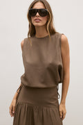 Delphine Drawstring Waist Top in Chocolate, view 1, Bayse Brand