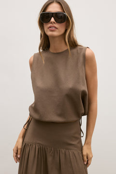 Delphine Drawstring Waist Top in Chocolate, view 1, Bayse Brand