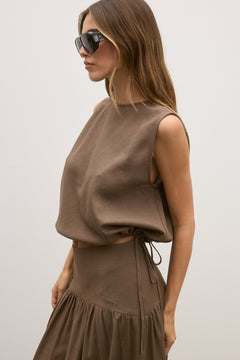 Delphine Drawstring Waist Top in Chocolate, view 3, Bayse Brand