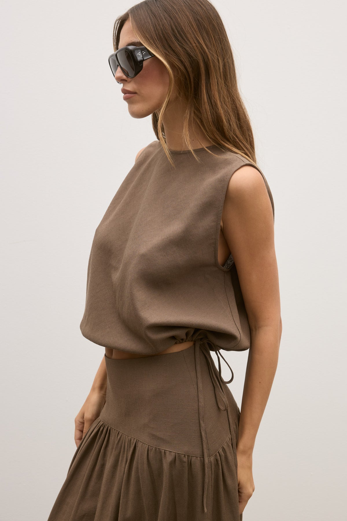 Delphine Drawstring Waist Top in Chocolate, view 3, Bayse Brand