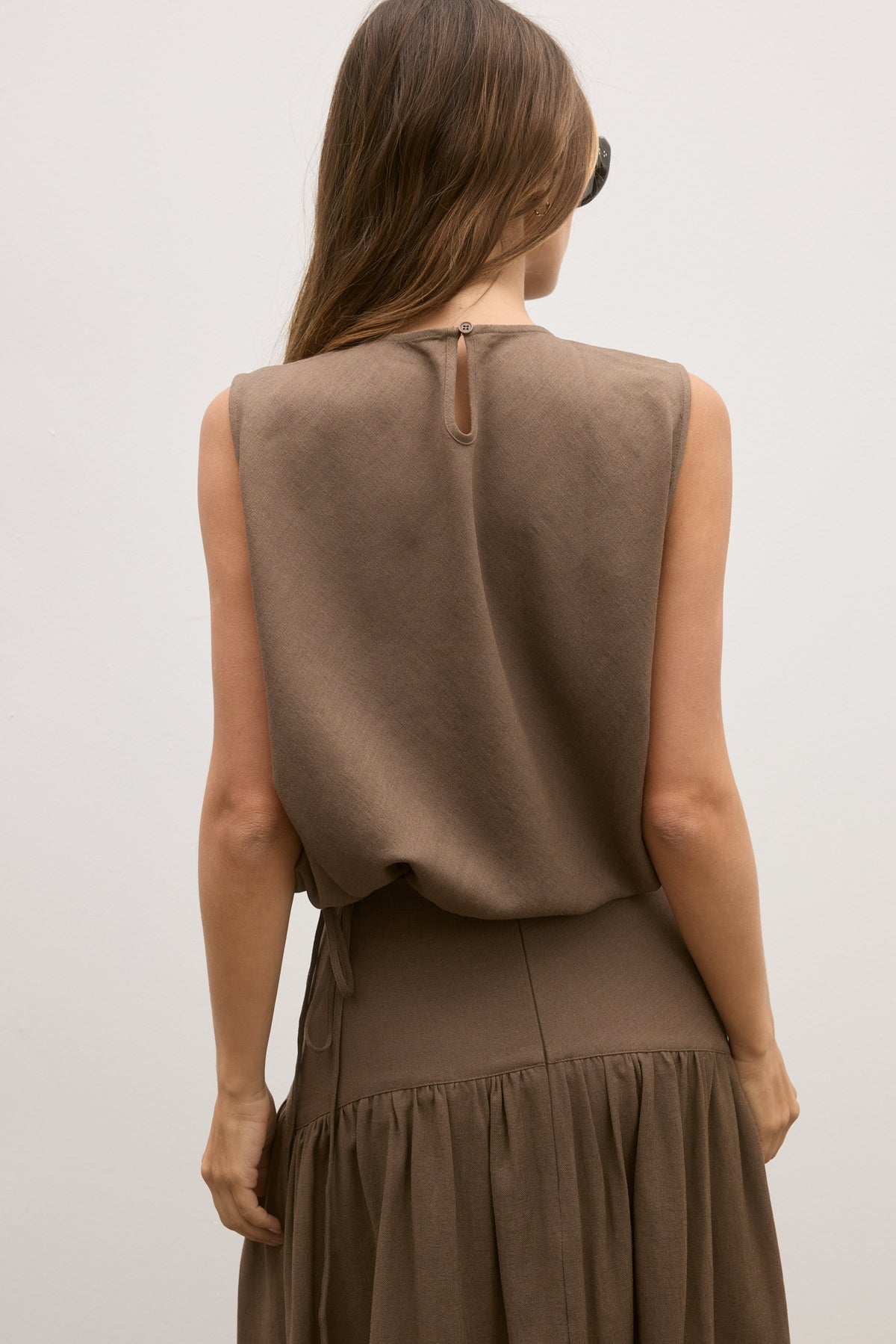 Delphine Drawstring Waist Top in Chocolate, view 4, Bayse Brand