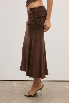 Noemi Ruched Waist Midi Skirt in Chocolate, view 2, Bayse Brand
