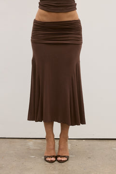 Noemi Ruched Waist Midi Skirt in Chocolate, view 3, Bayse Brand
