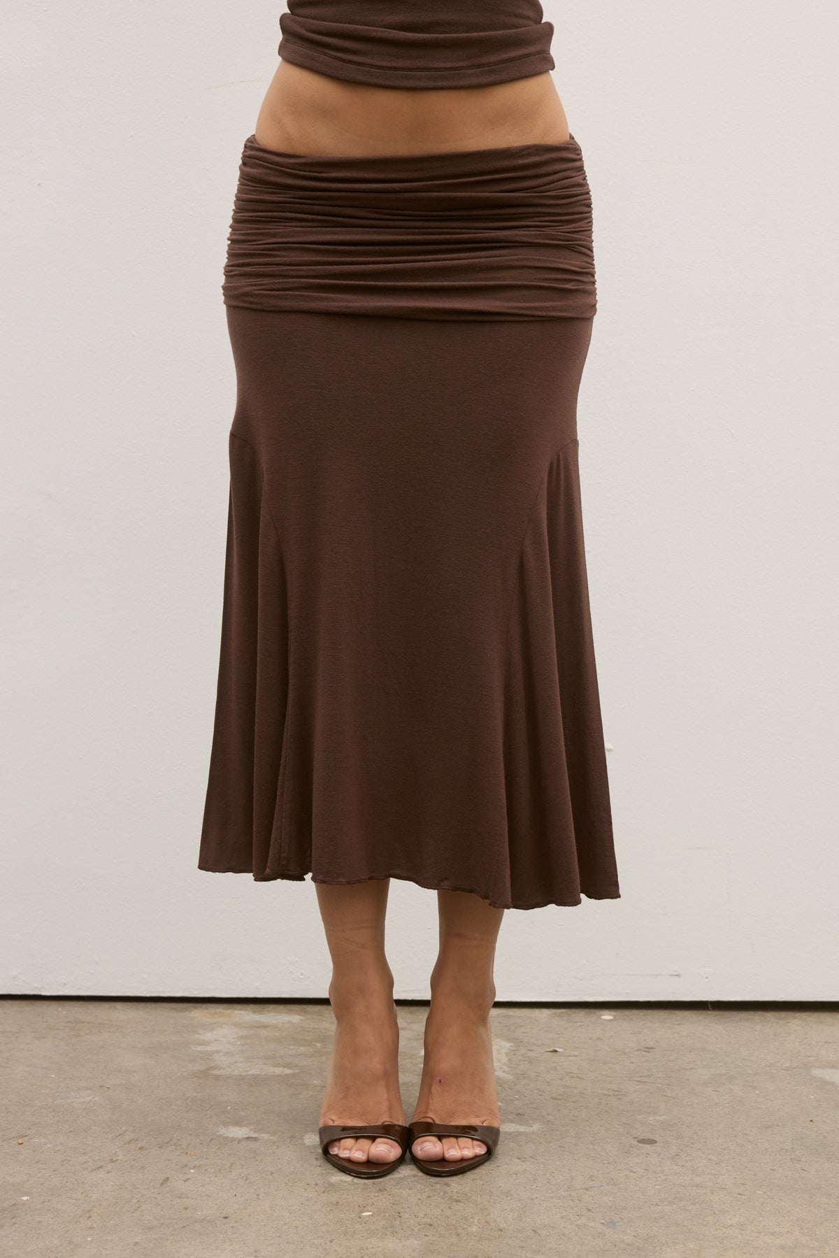 Noemi Ruched Waist Midi Skirt in Chocolate, view 3, Bayse Brand