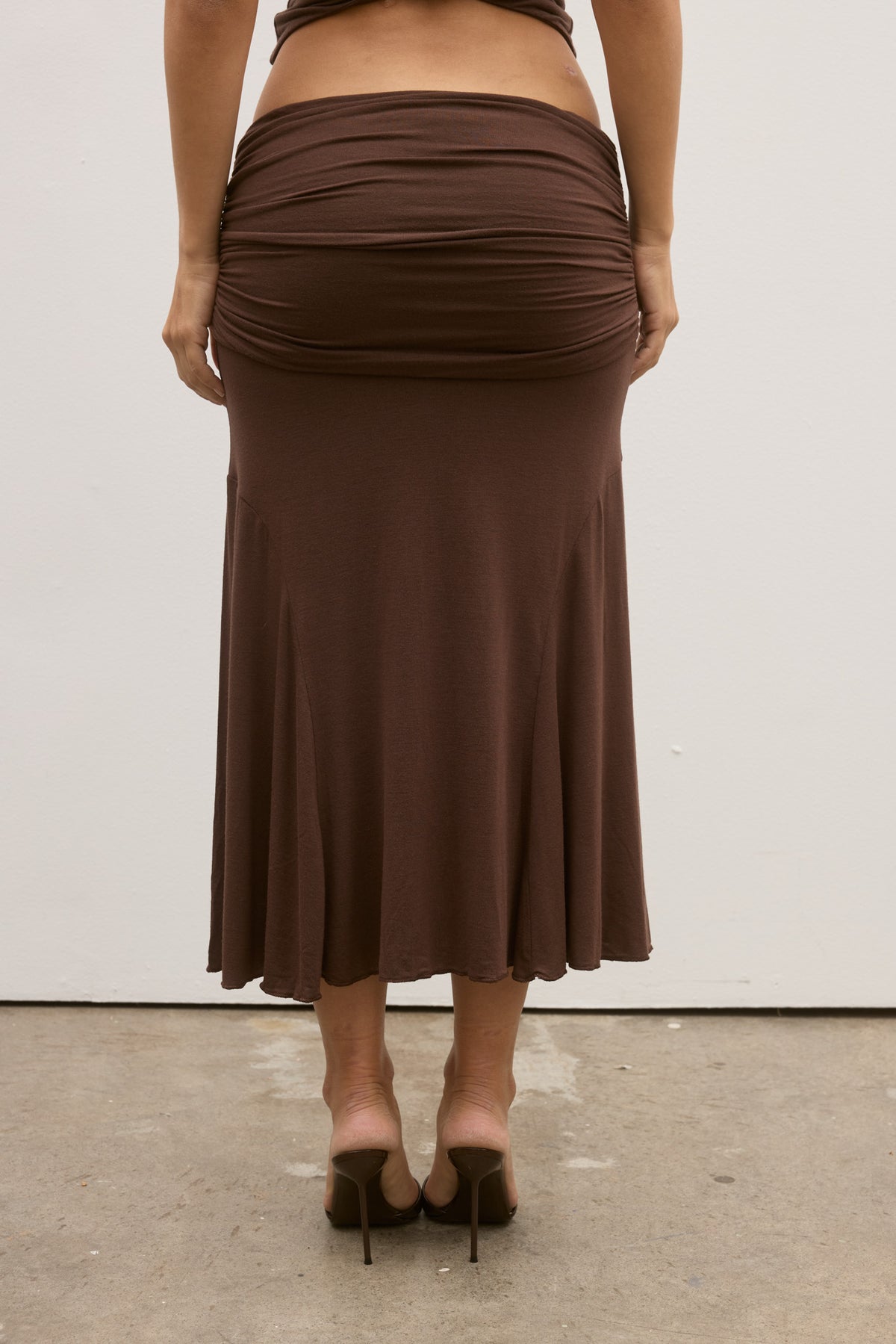 Noemi Ruched Waist Midi Skirt in Chocolate, view 4, Bayse Brand