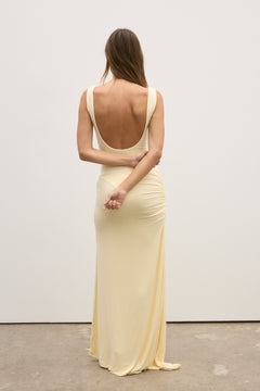Reina Scoop Neck Open Back Bodysuit in Lemon, view 4, Bayse Brand