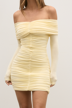 Eva Off Shoulder Ruched Mini Dress in Lemon, view 3, Bayse Brand