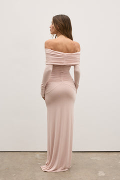 Eva Off Shoulder Ruched Maxi Dress in Ballet, view 4, Bayse Brand