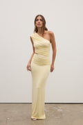 Ivy One Shoulder Ruched Maxi Dress in Lemon, view 1, Bayse Brand