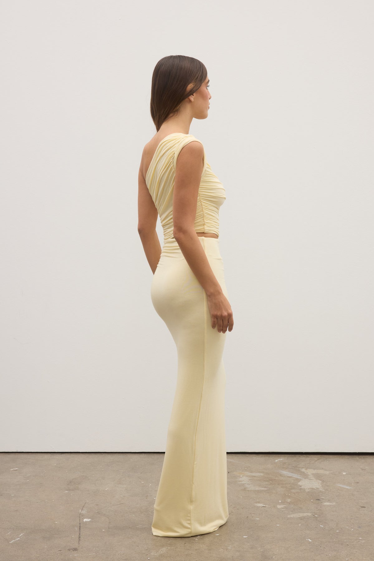 Ivy One Shoulder Ruched Maxi Dress in Lemon, view 3, Bayse Brand