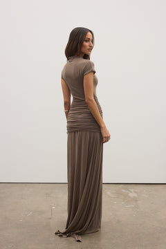 Tala High Neck Ruched Maxi Dress in Mink, view 4, Bayse Brand