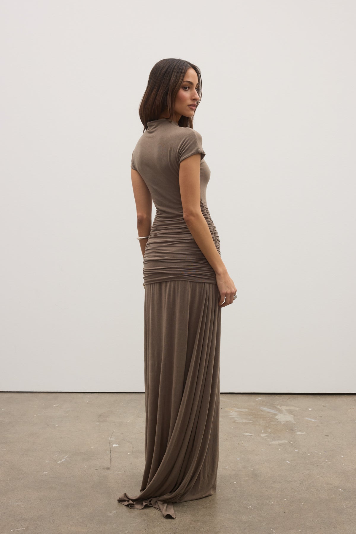 Tala High Neck Ruched Maxi Dress in Mink, view 4, Bayse Brand