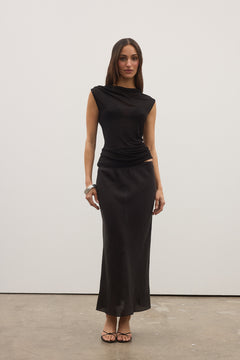 Rina Draped Cowl Back Top in Black, view 2, Bayse Brand